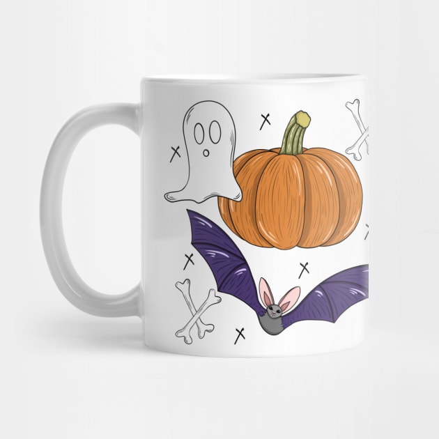 Fun Halloween pumpkin, bats, bones, ghost illustration by Ieva Li ART